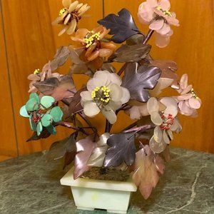 Vintage Hand-Carved Jade and Quartz Bonzai Tree